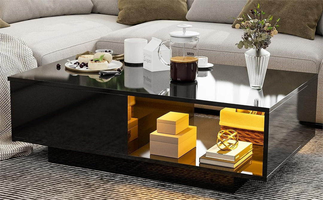 Modern High Glossy Coffee Table with LED Lighting, Black