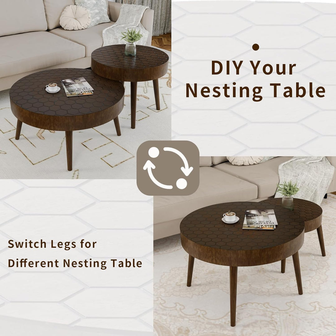 Stylish Round Nesting Coffee Table Set, Honeycomb Pattern, Wood Grain