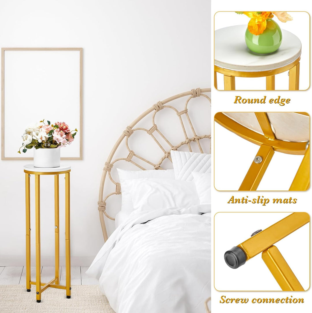 2 Pcs White Marble Side Table Round Drink Table 7.87 x 7.87 x 22.83 Collapsible Gold Metal Accent Table