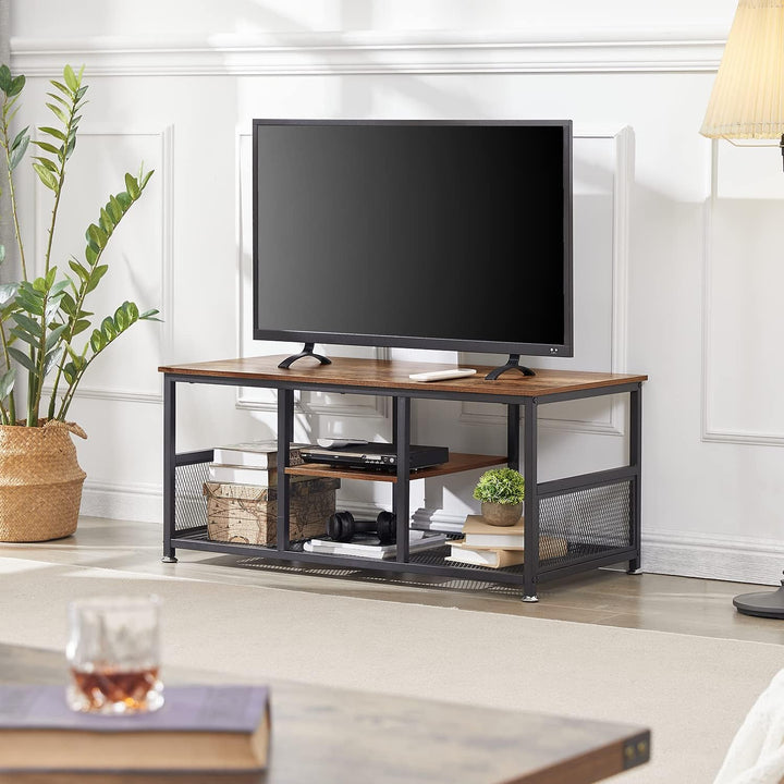 Rustic Brown Coffee Center Table with Storage, Modern Industrial Mesh Shelf