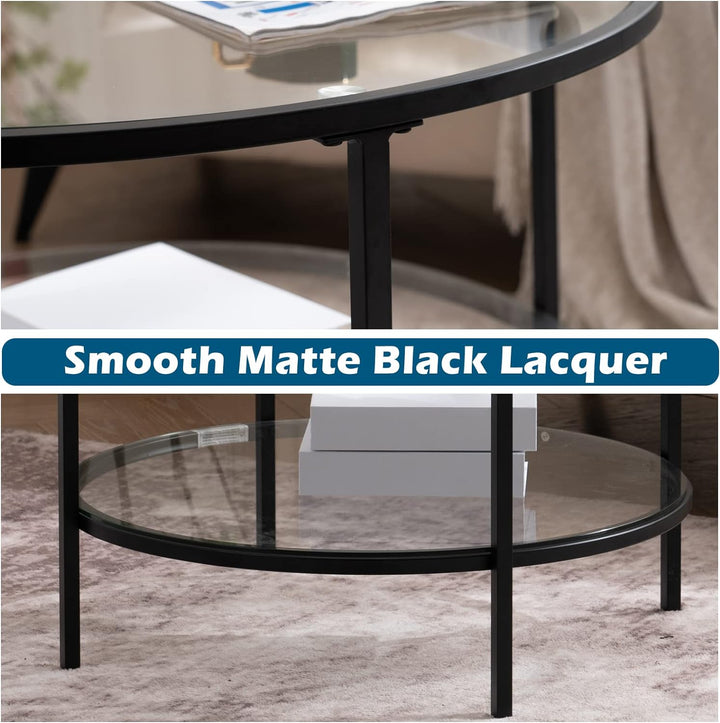 Stylish 2-Tier Glass Top Coffee Table with Storage, Black