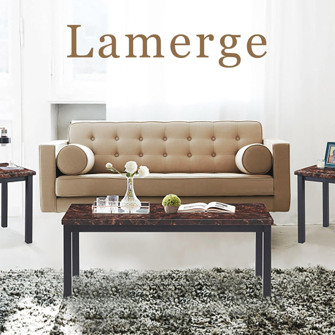 Lamerge Modern Marble Coffee End Table Set, 3-Piece, Brownblack