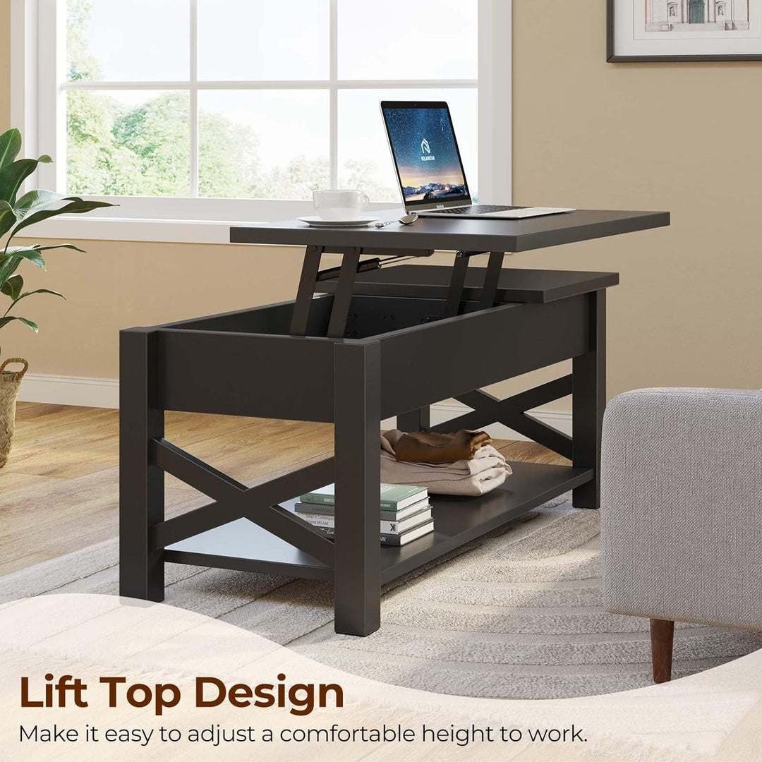 Farmhouse Coffee Table with Lift Top, Hidden Compartment & Shelf, Black