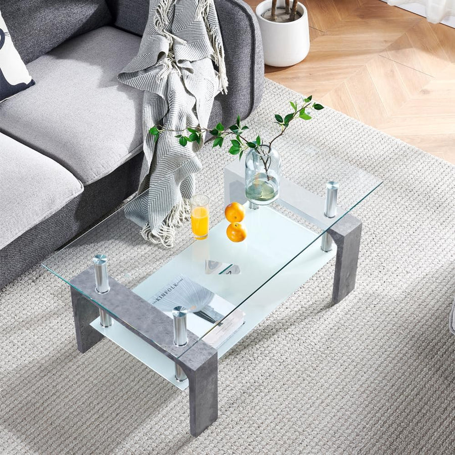 Elegant Rectangle Coffee Table, Wooden Legs, Glass Tabletop, Grey Marble