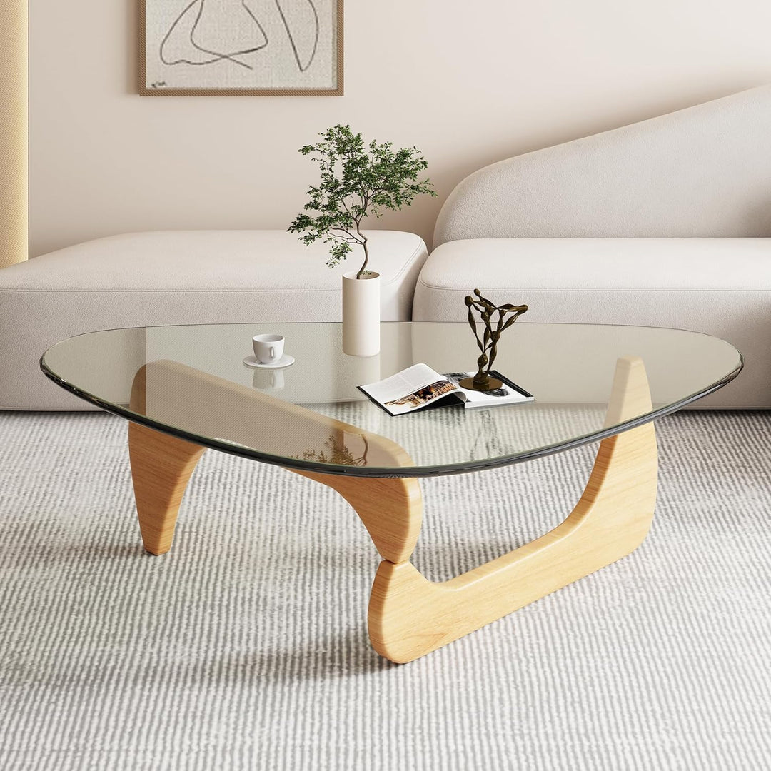 Mid-Century Modern Coffee Table, Triangle Glass Top, Natural Wood (Raw Wood/Transparent)