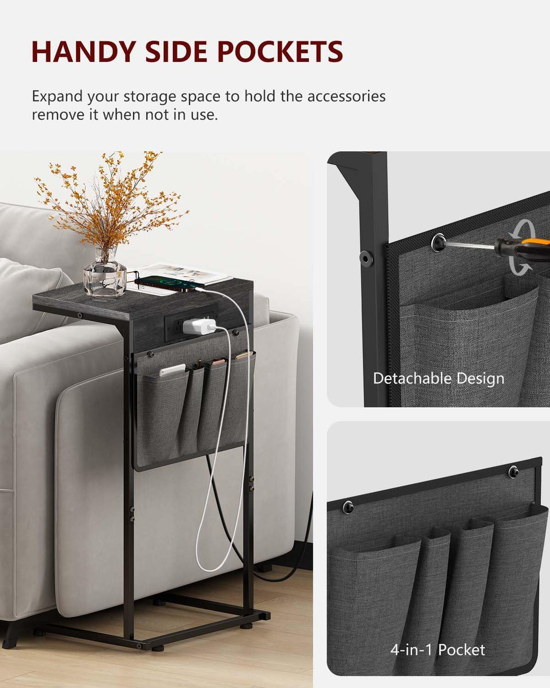 C Shaped End Table w/ Charging Station, Storage Bag