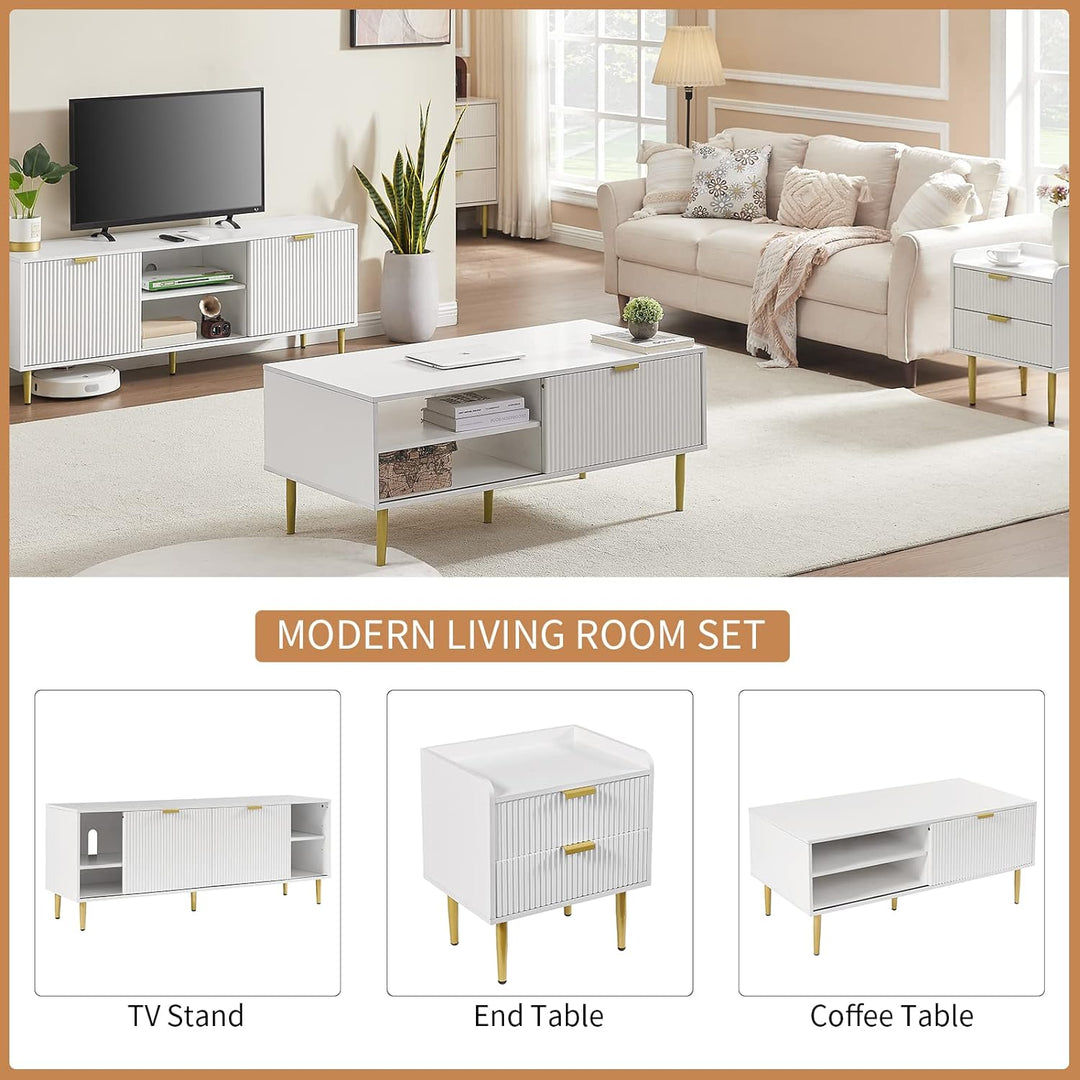 Stylish Modern Coffee Table with Sliding Door Storage, White