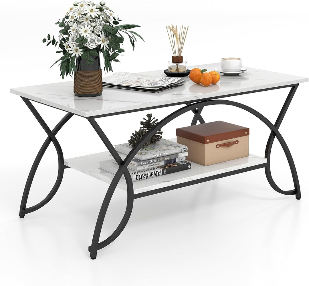 Modern Rectangular Coffee Table with Storage Shelf, White & Black