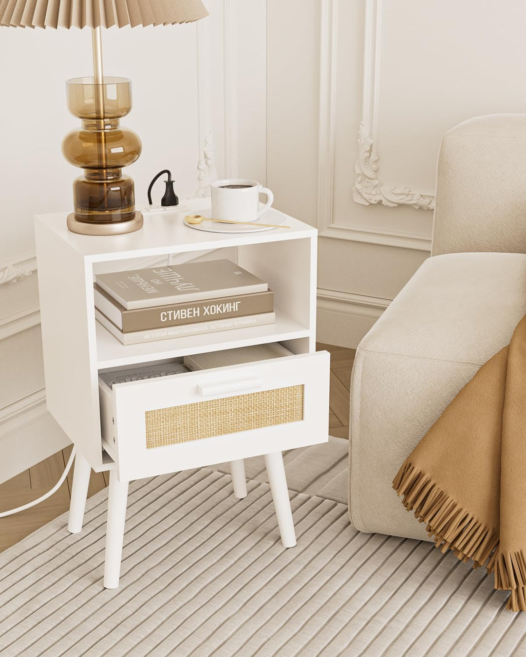 Rattan Nightstand w/ Charging Station, Storage Drawers