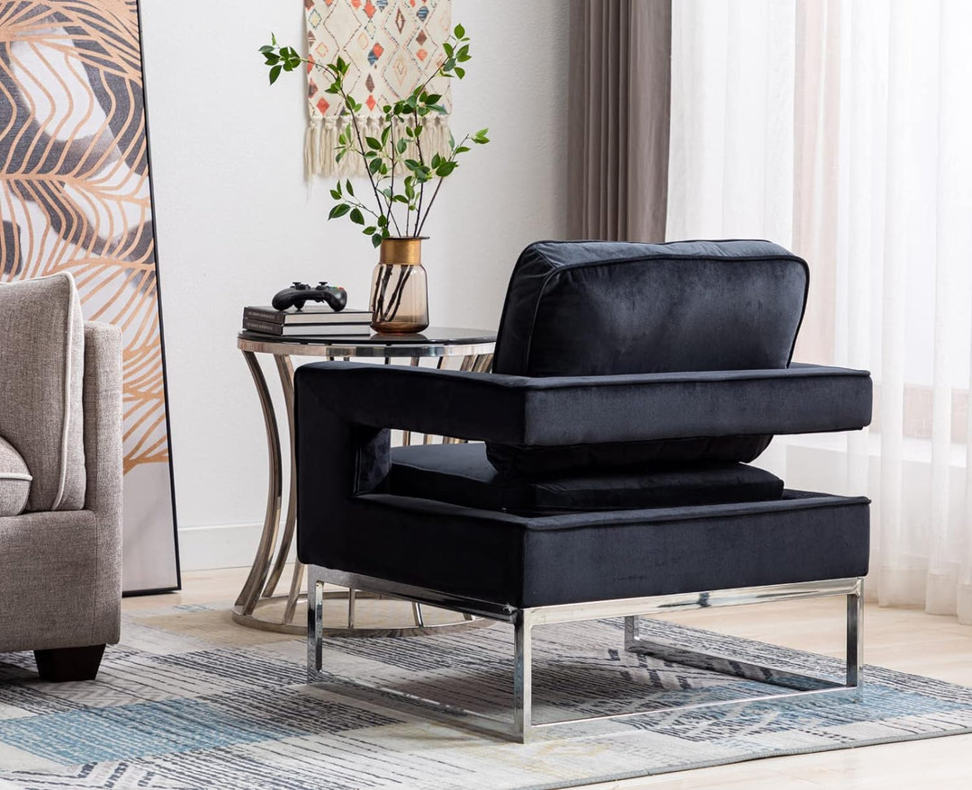 Velvet Accent Chair Modern Barrel Armchair Black