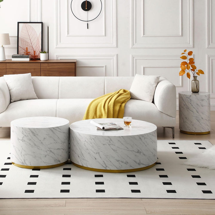 Round Faux Marble Drum Coffee Table, Large Wood Coffee Table, White