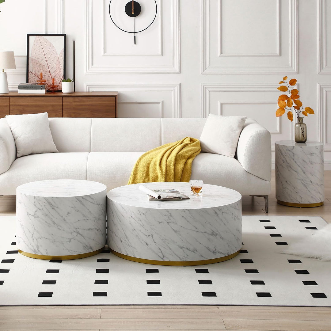 Modern Round Gold Drum Coffee Table, Circle Sofa Table, Marble White