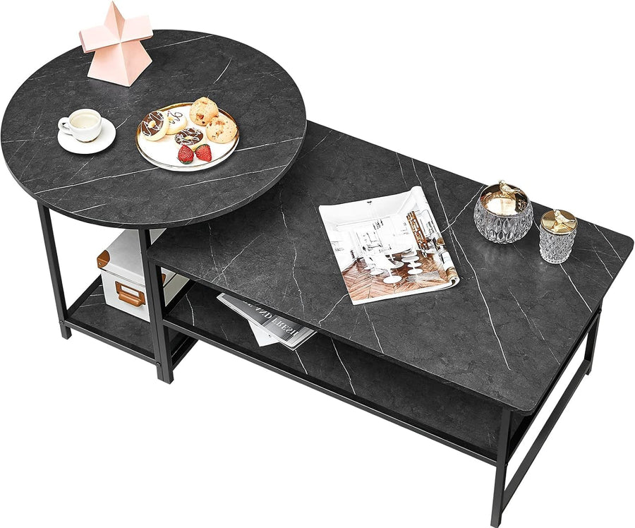 Sleek Modern Coffee Table Set, Detachable Center Table, Black Marble