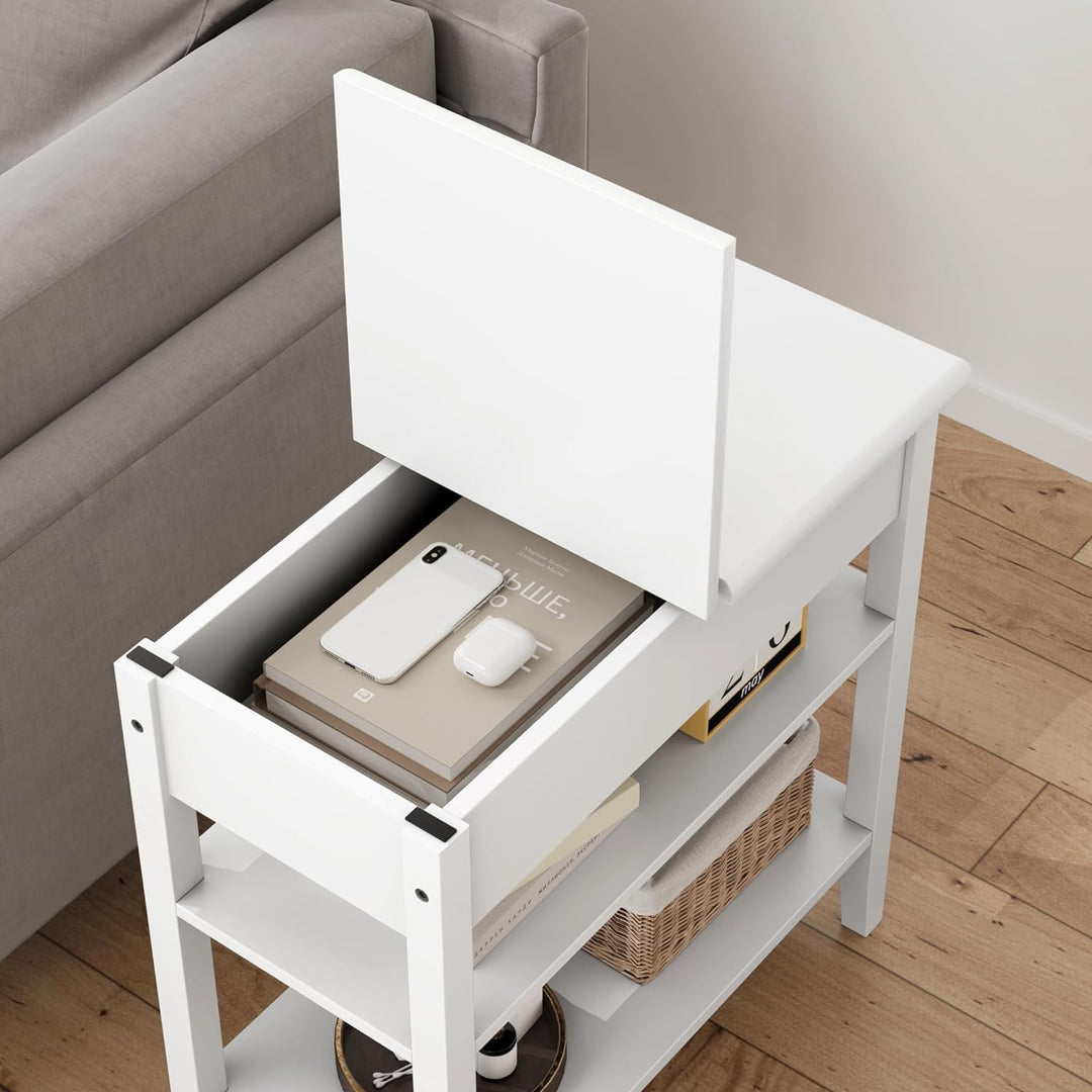 End Table White, Narrow Side Table with Storage