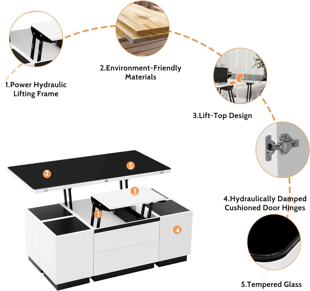 Merax Lift Top Glass Coffee Table with Storage, Convertible Dining