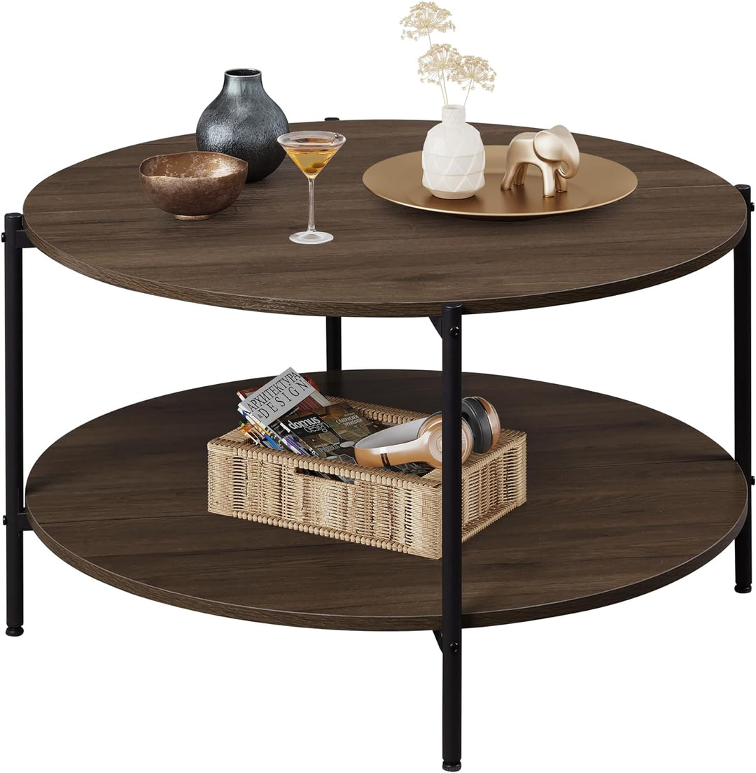 Stylish 2-Tier Coffee Table with Storage Shelf, Brown Walnut