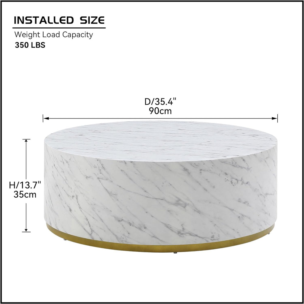 Round Faux Marble Drum Coffee Table, Large Wood Coffee Table, White