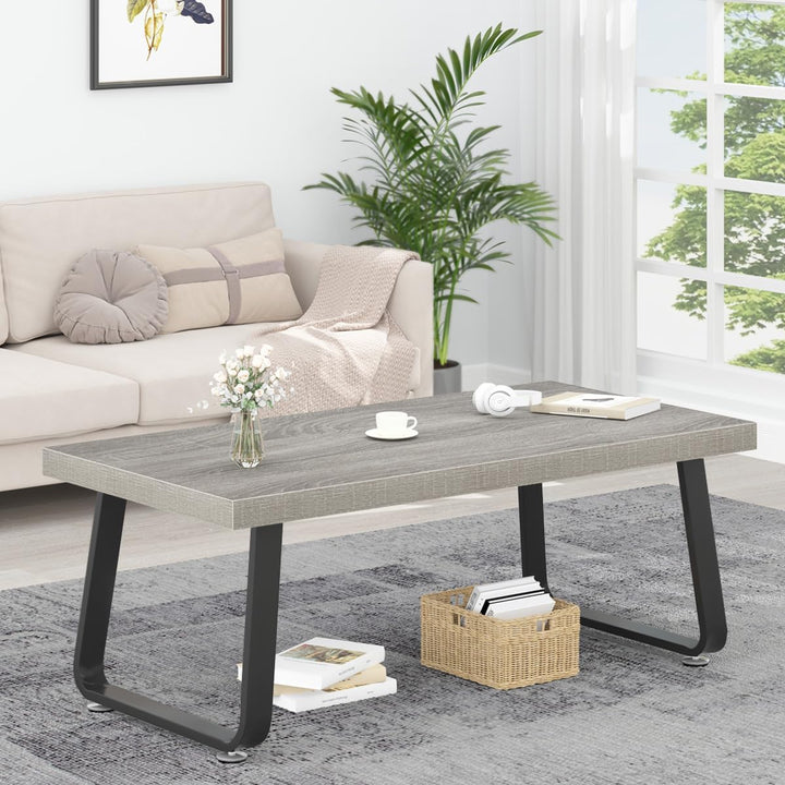 Modern Minimalist Coffee Table, Wooden Rectangle Living Room Table, Light Grey Oak