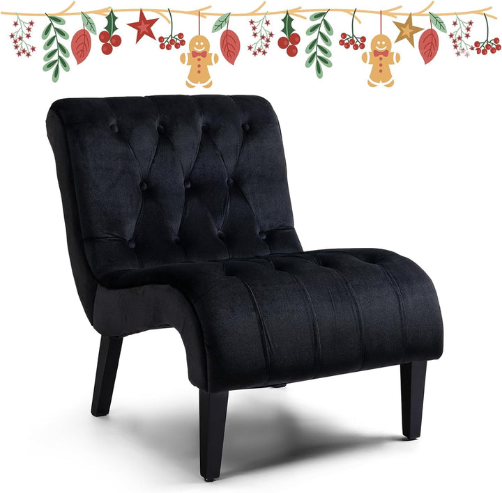 Armless Accent Chair, Upholstered Button Tufted Living Room Chairs with Wood Legs, Comfy Frosted Velvet Lounge Chair Reading Chair for Bedroom, Black