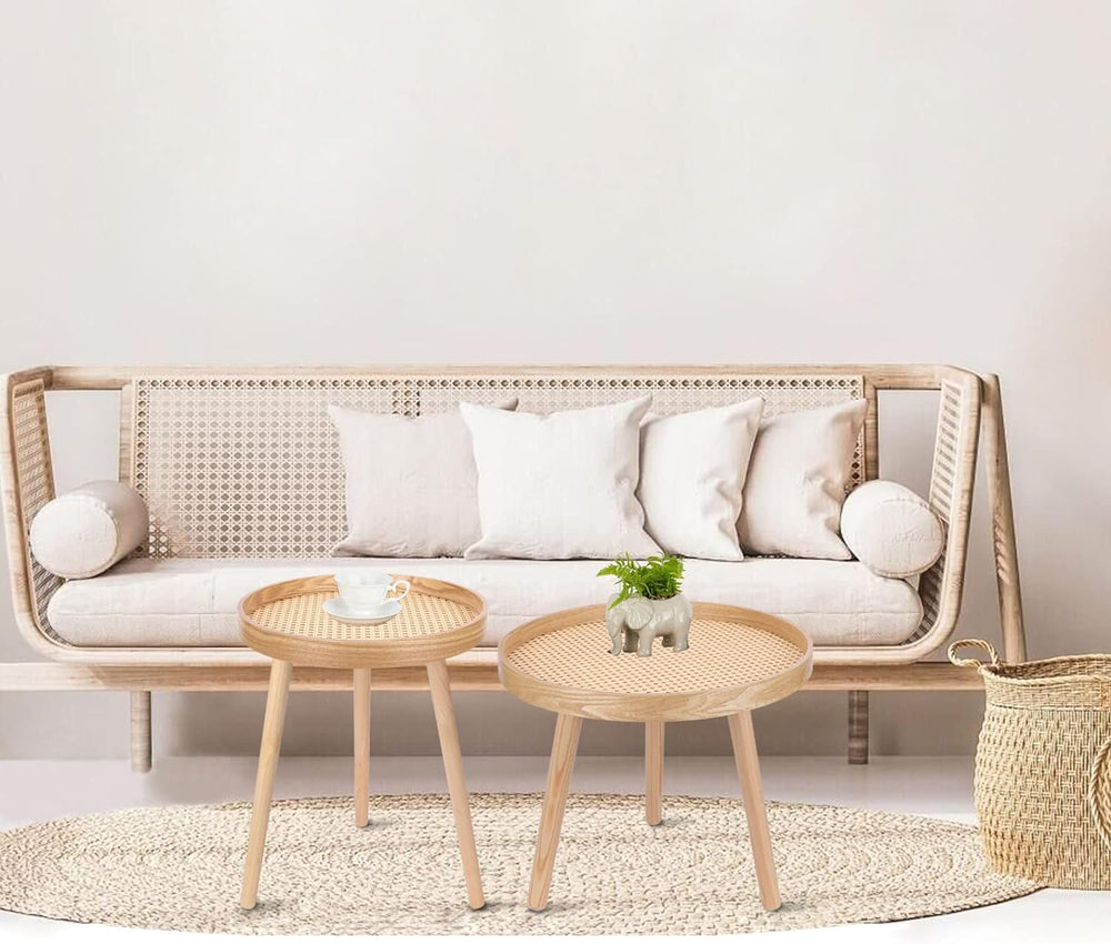 Round Boho Coffee Table Set, Natural Rattan Side Tables