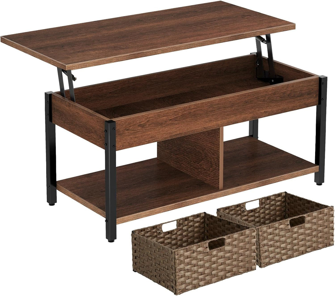 Lift Top Coffee Table with Hidden Storage, Rattan Baskets, Espresso