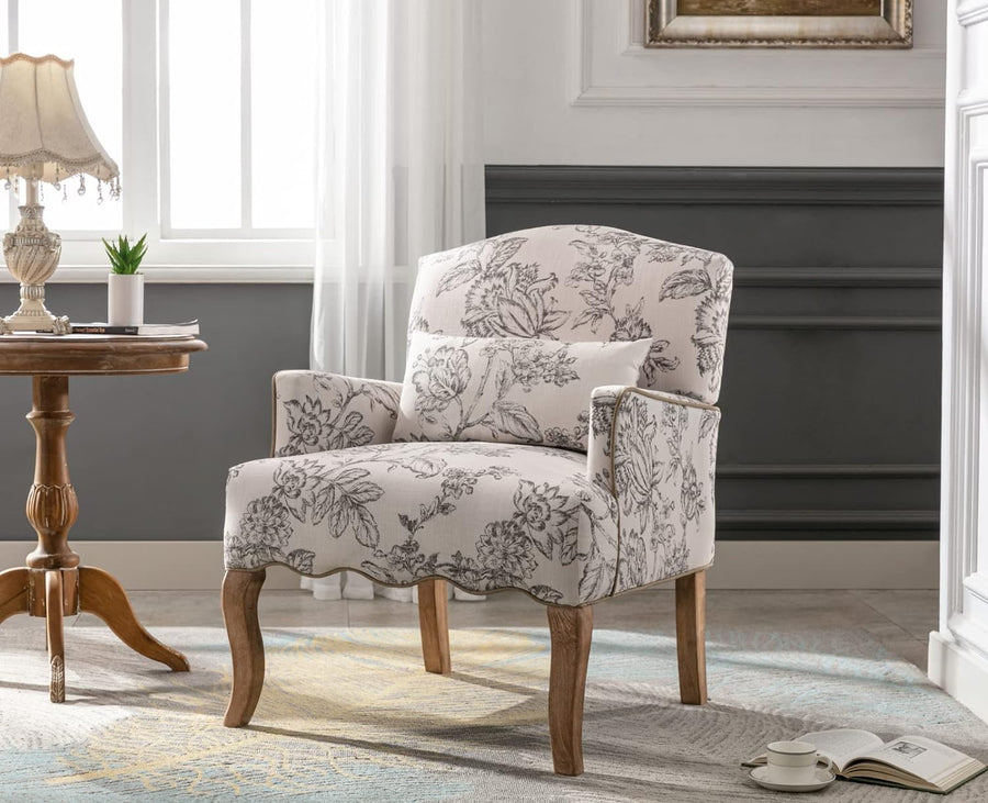 Floral Accent Chair Linen Upholstered Armchair