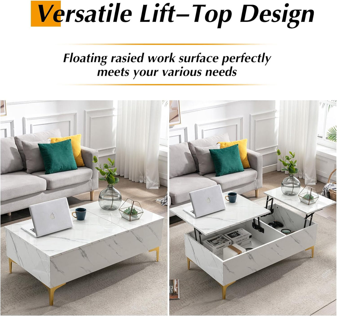 COSVALVE Lift Top Coffee Table, Modern Extendable Pull Up Center Table with Storage, White Marble