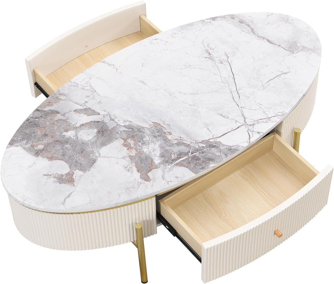 47.2''-Off White, Round Coffee Table with Drawers, Oval Marble Top