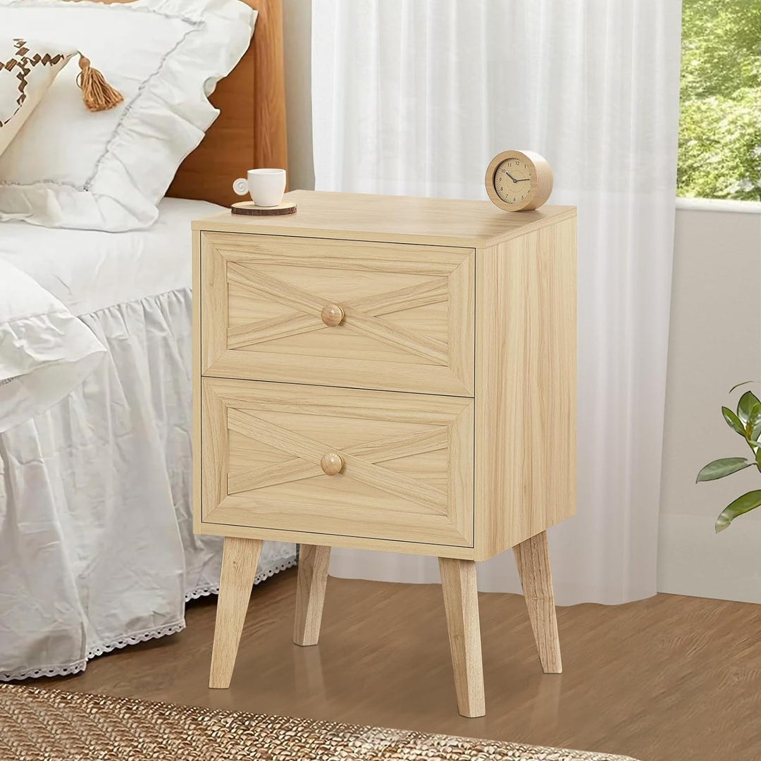 Nightstand Set of 2, Natural End Table with 2 Drawers