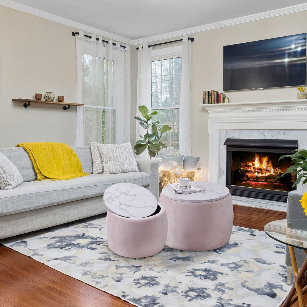 Elegant Pink Coffee Table Set with Storage Ottoman