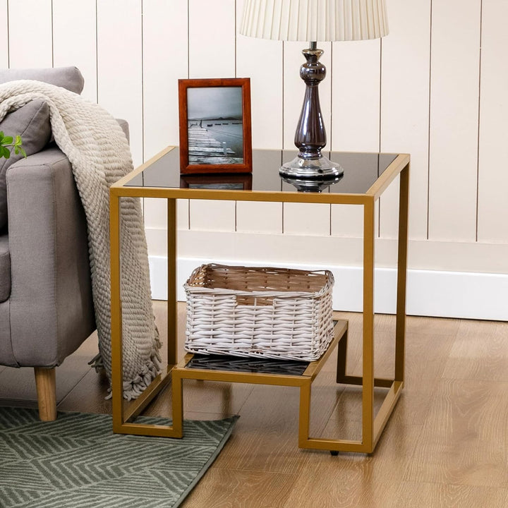 Tempered Glass End Table with Metal Frame, Brass End Table1