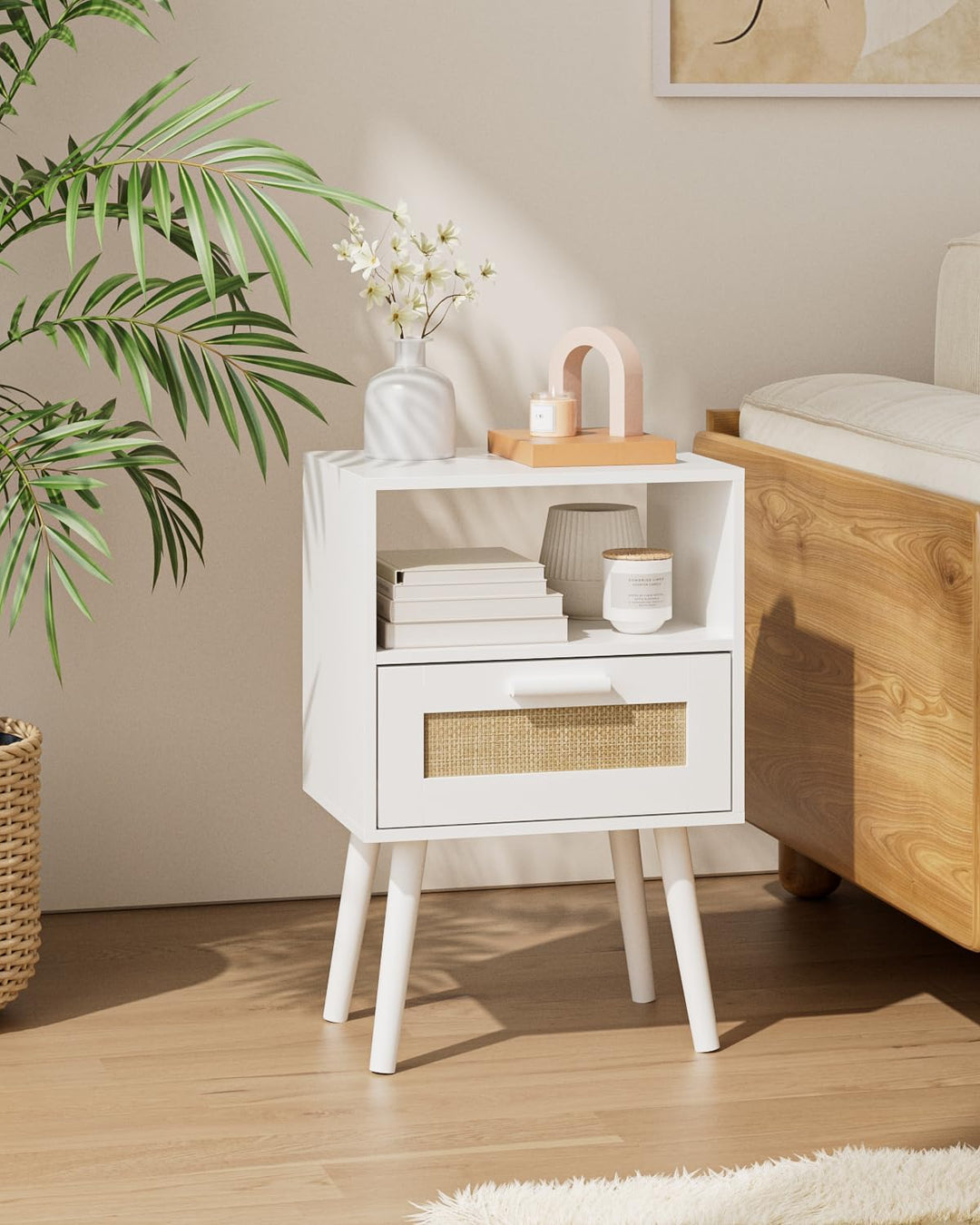 Rattan Nightstand, Wood Accent Table with Storage