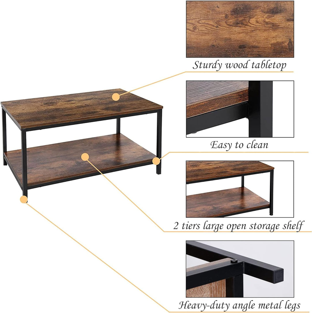 Rustic 2-Tier Industrial Coffee Table with Storage Shelf, Rectangular Wood and Metal TV Stand