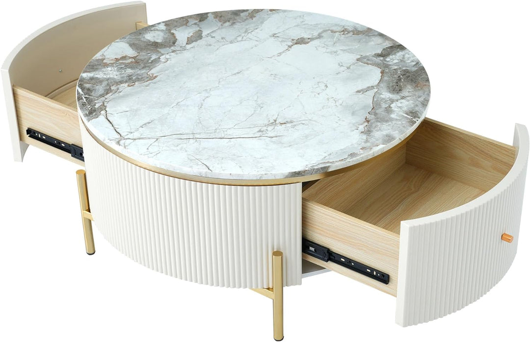 Modern Round Coffee Table with 2 Large Drawers, Off White