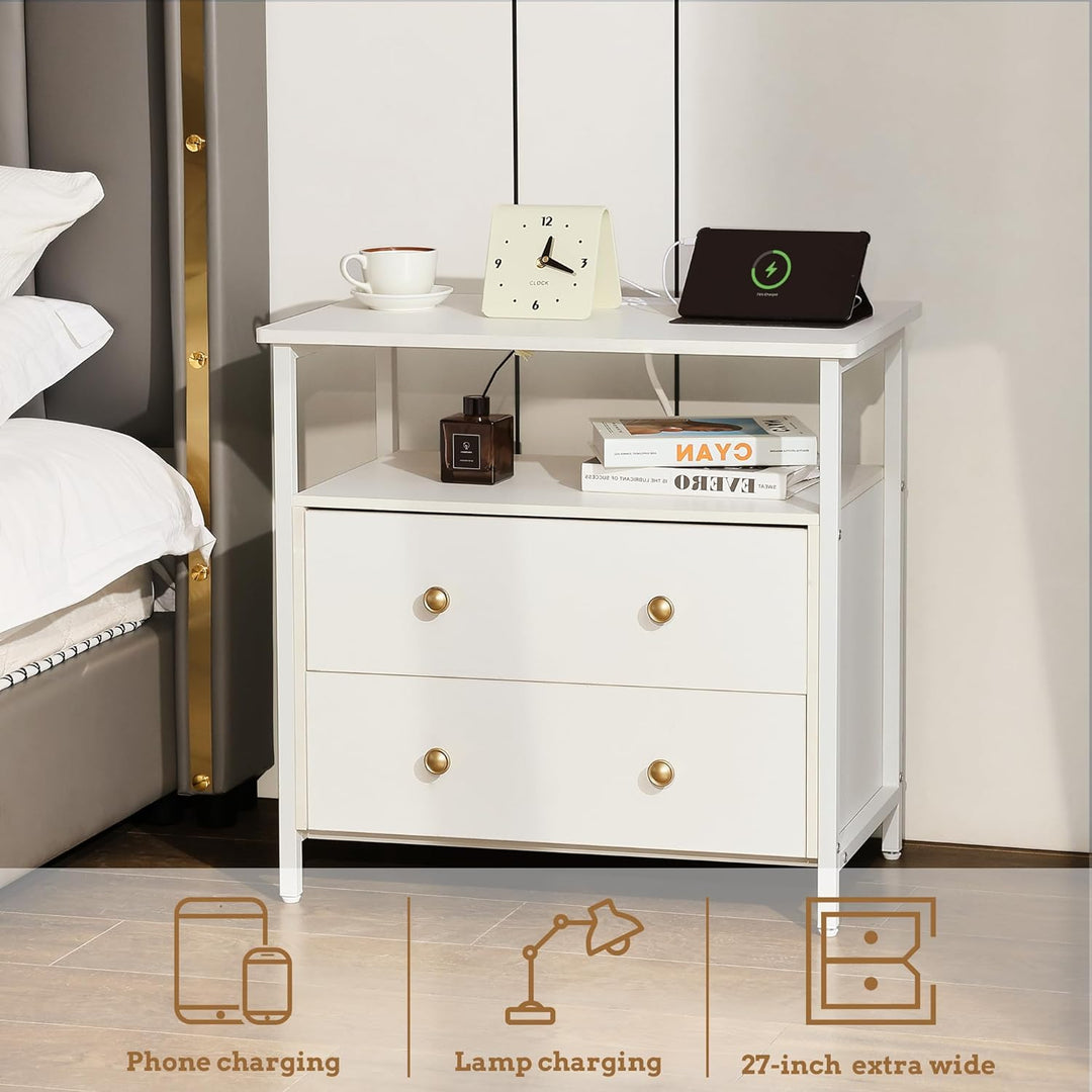 27" Nightstand w/ Charging Station, 2 Drawers, Open Shelf