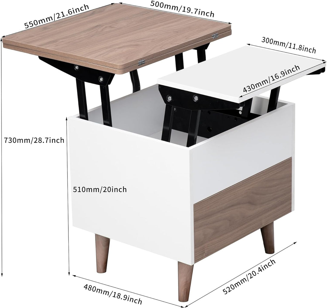 Lift Top Coffee Table with Storage Drawer, Hidden Shelf, and Extendable Dining Tabletop, Walnut/White