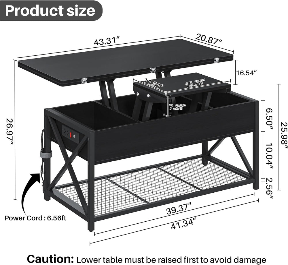 43" Lift Top Coffee Table, Charging Station, Converts to Dining, Black