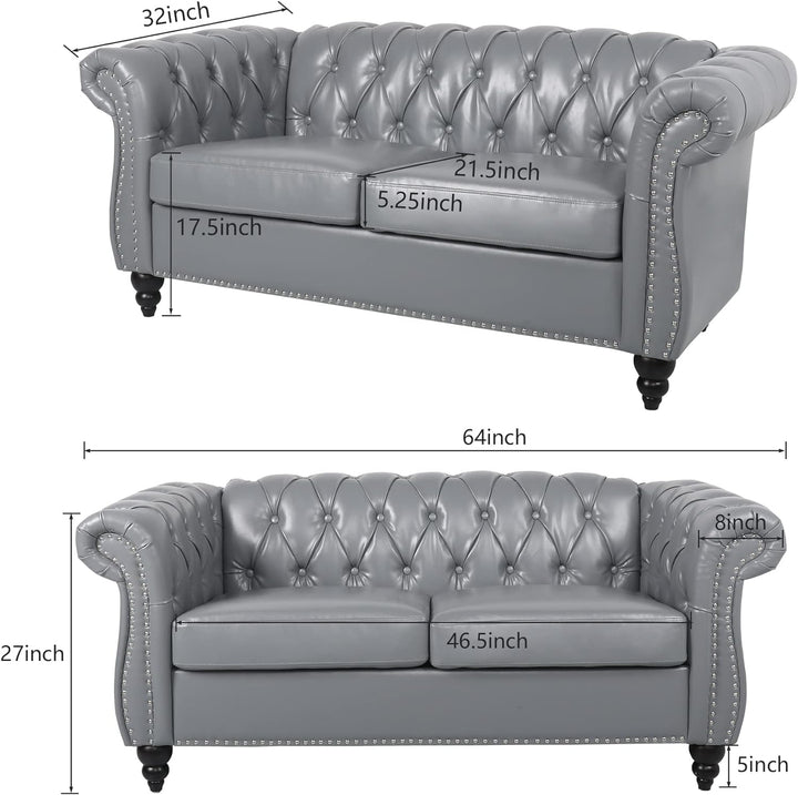 Chesterfield Loveseat, Modern Leather Sofa Tufted Couch