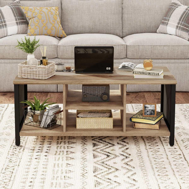 Rustic Wood Coffee Table w/ Shelves, Farmhouse Rectangle Tea Tables, Rustic Oak