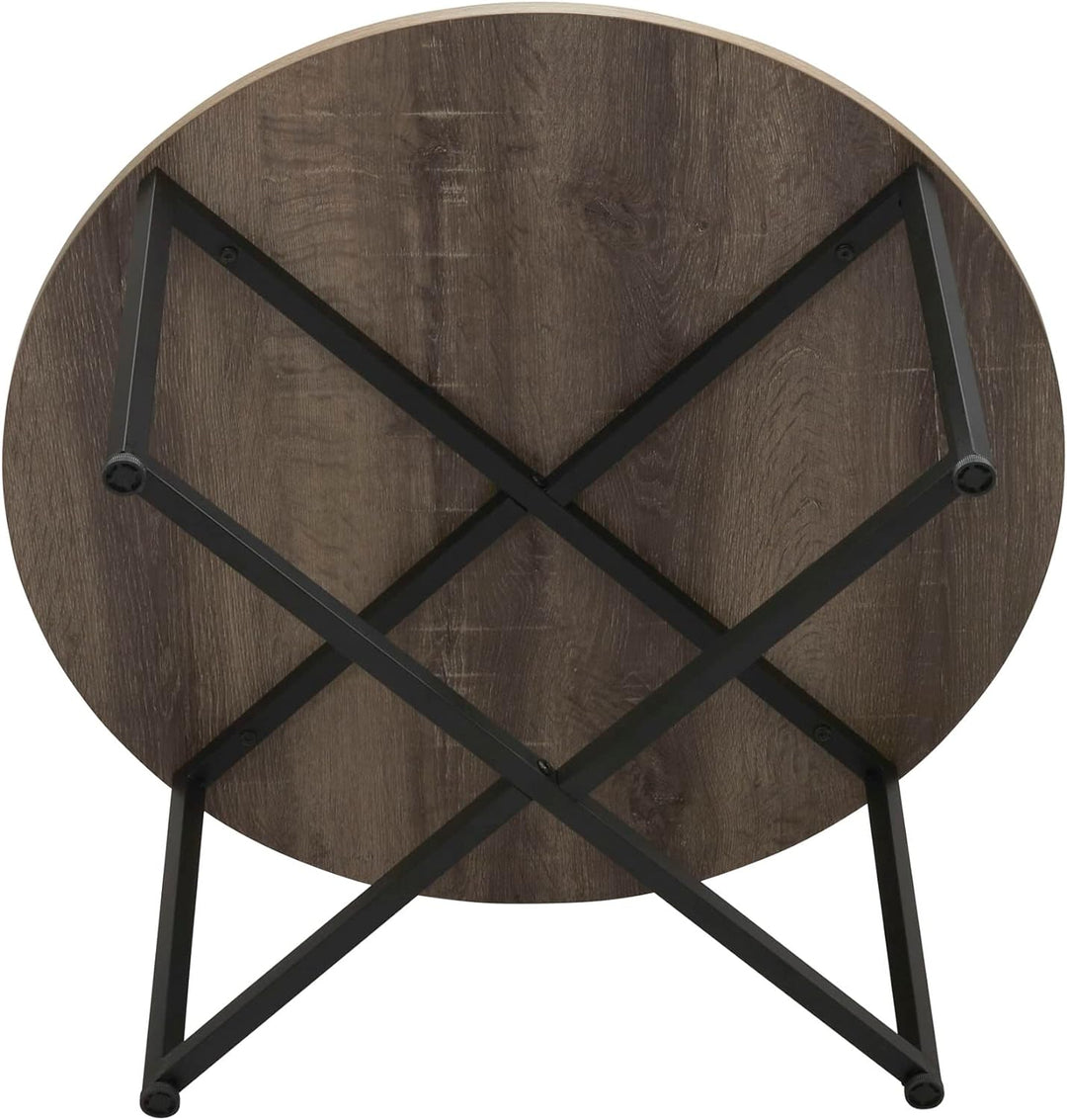 Jamestown Round Coffee Table, Rustic Wood Grain and Black Metal