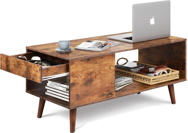 Rustic Brown Coffee Table with Storage, Mid-Century Modern Design