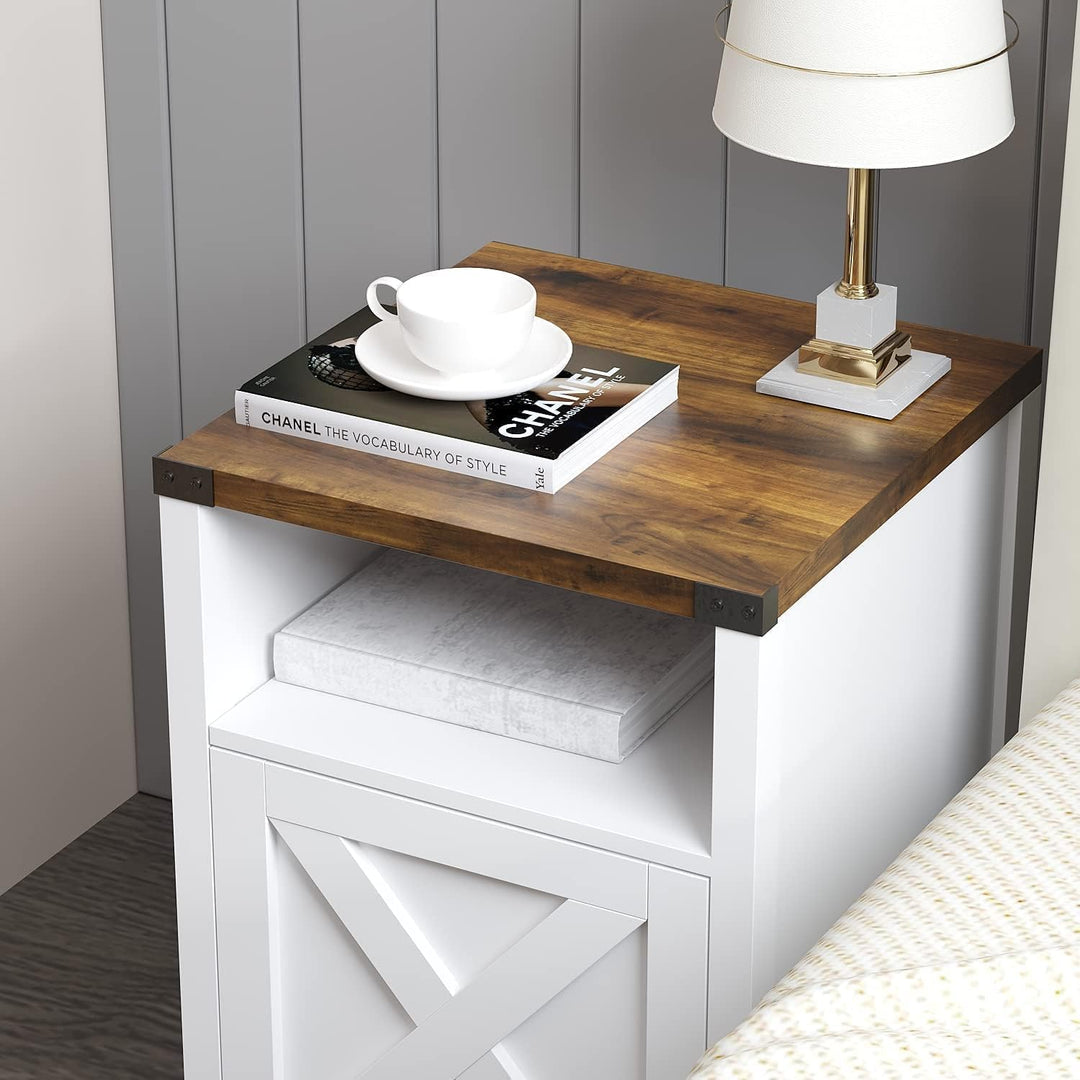 Farmhouse End Table, Rustic End Table with Barn Door and Shelf