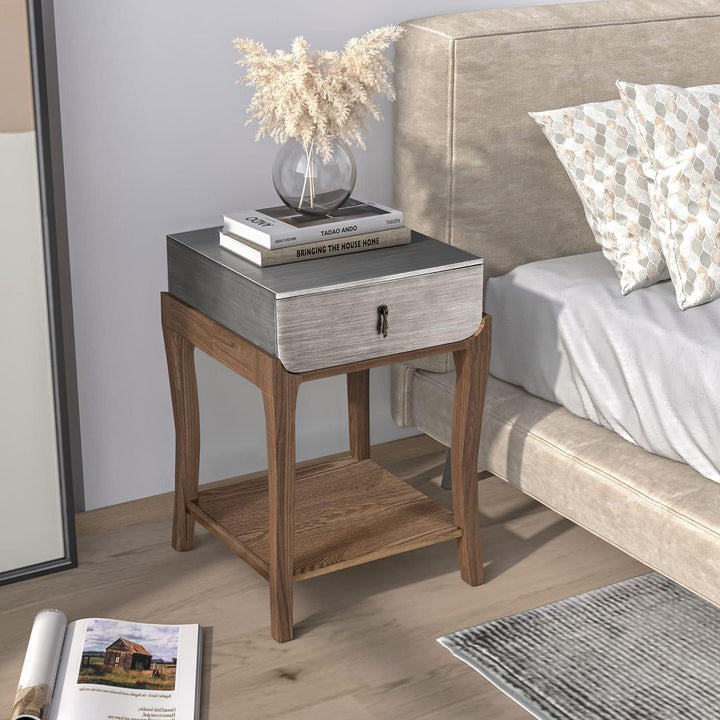 2-Tier Farmhouse Bedside Table, Wood Accent End Table