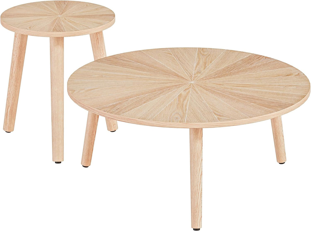 Solid Wood Round Coffee Table Set, Small Oak Farmhouse Circle Coffee Tables, Nature Wood