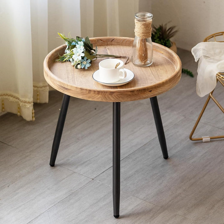 Round End Table, Side Table Nightstand with Wooden Tray