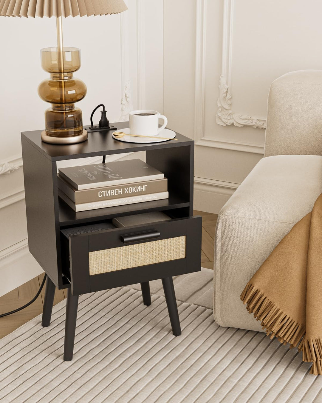 Rattan Nightstand w/ Charging Station, Storage Drawers