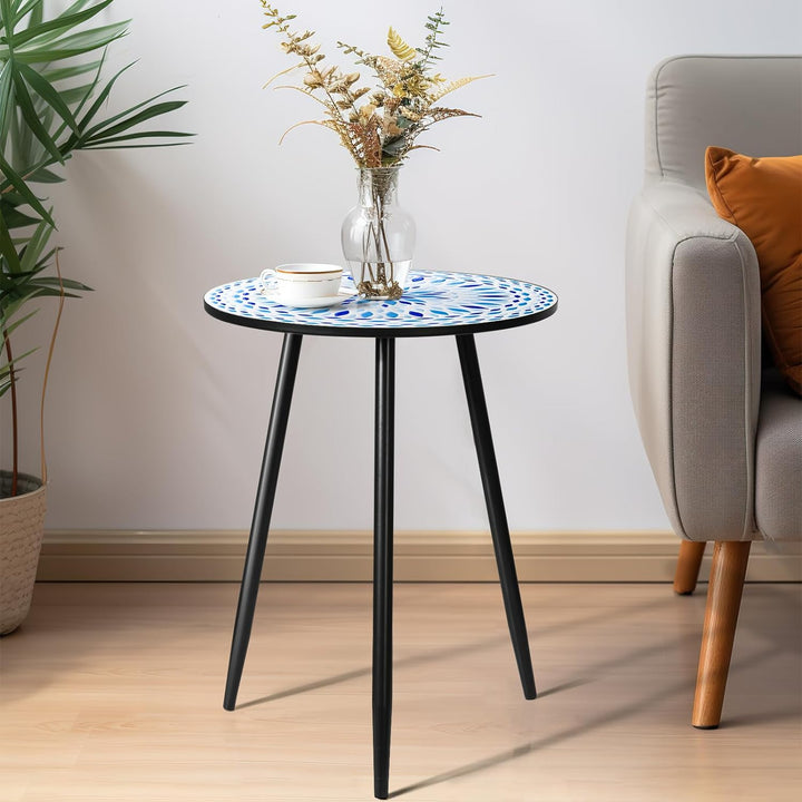 Round Side Table, 16" Ceramic Tile Top, Metal Base