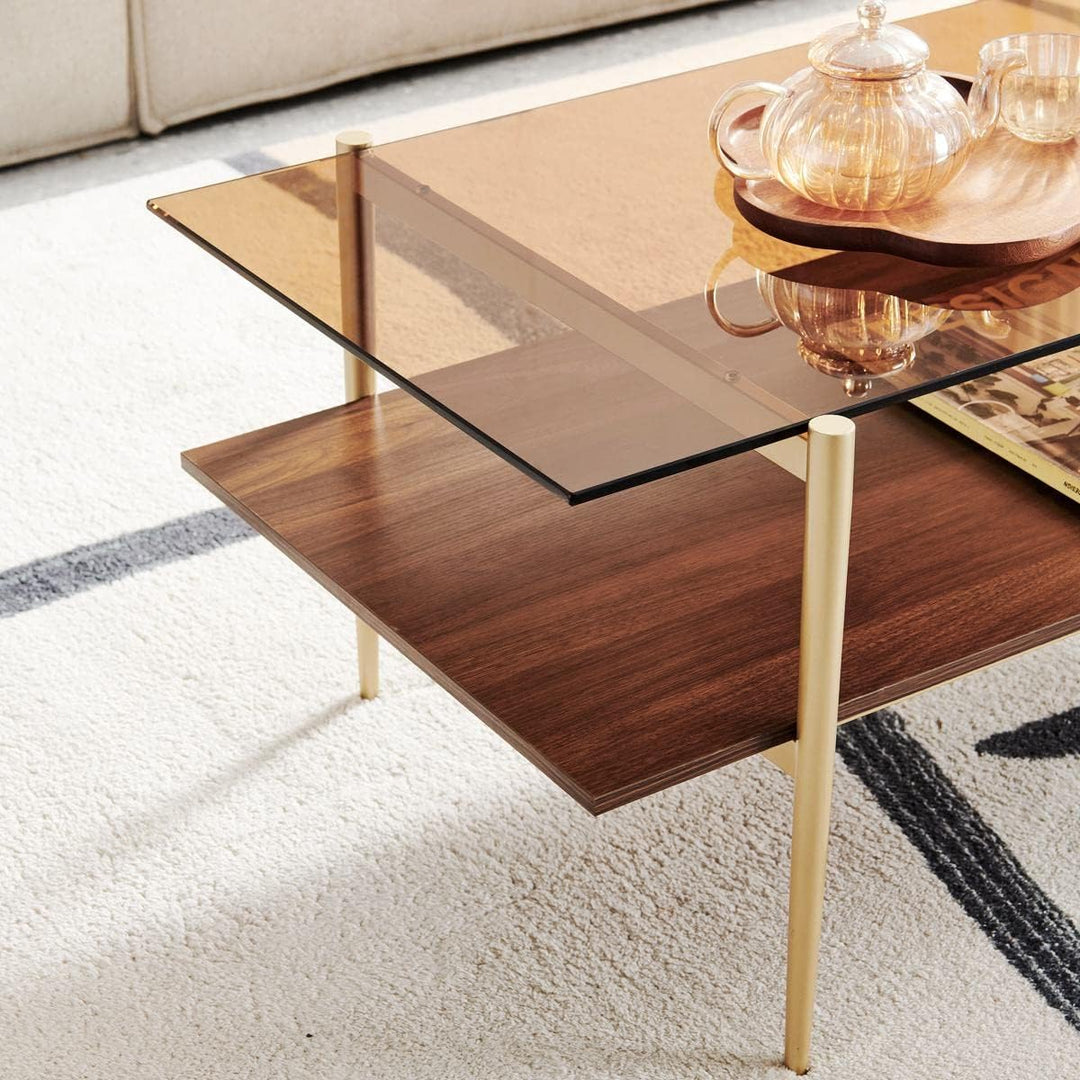 Elegant Double Layer Glass Coffee Table, Coffee Brown