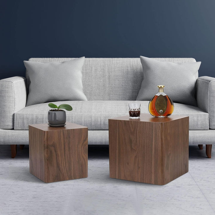 Nesting Coffee Table Set, Modern Square Wood Side Tables, Walnut