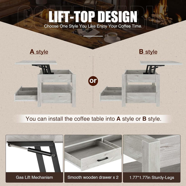 Lift Top Coffee Table with Drawers and Hidden Compartment, Grey